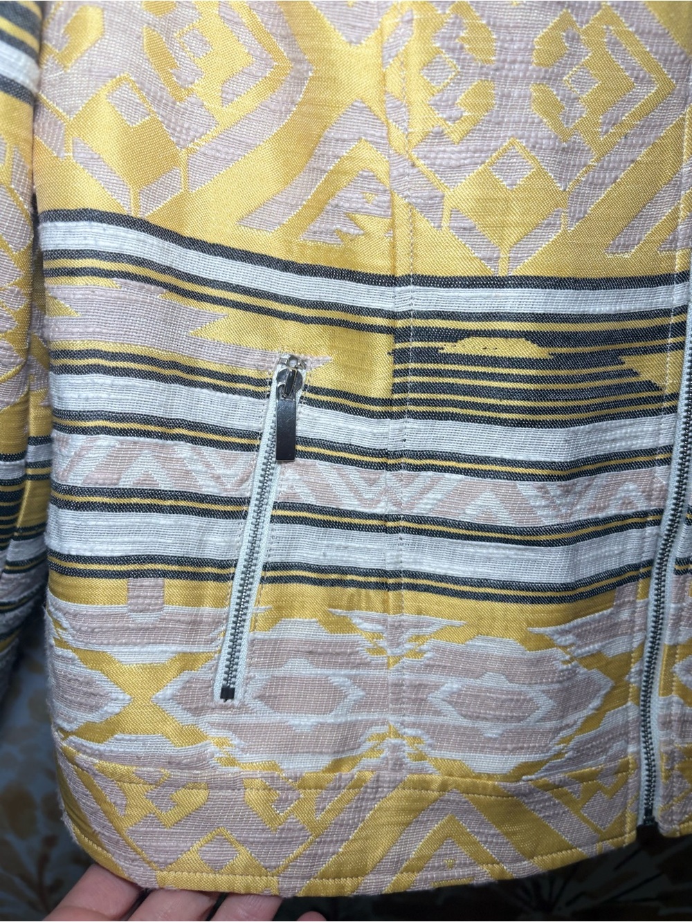 Chico's Tribal Print Zip Jacket Yellow Geometric Moto Jacket Boho Southwestern - Picture 8 of 13